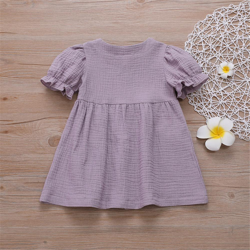 Girls Cotton Linen Solid Short Sleeve Button Pocket Dress Wholesale Clothing For Girls - PrettyKid