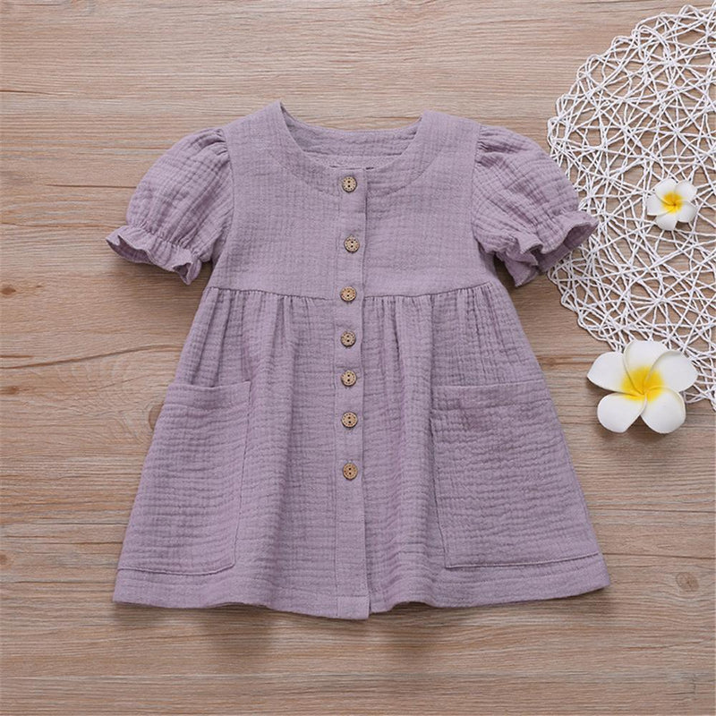 Girls Cotton Linen Solid Short Sleeve Button Pocket Dress Wholesale Clothing For Girls - PrettyKid