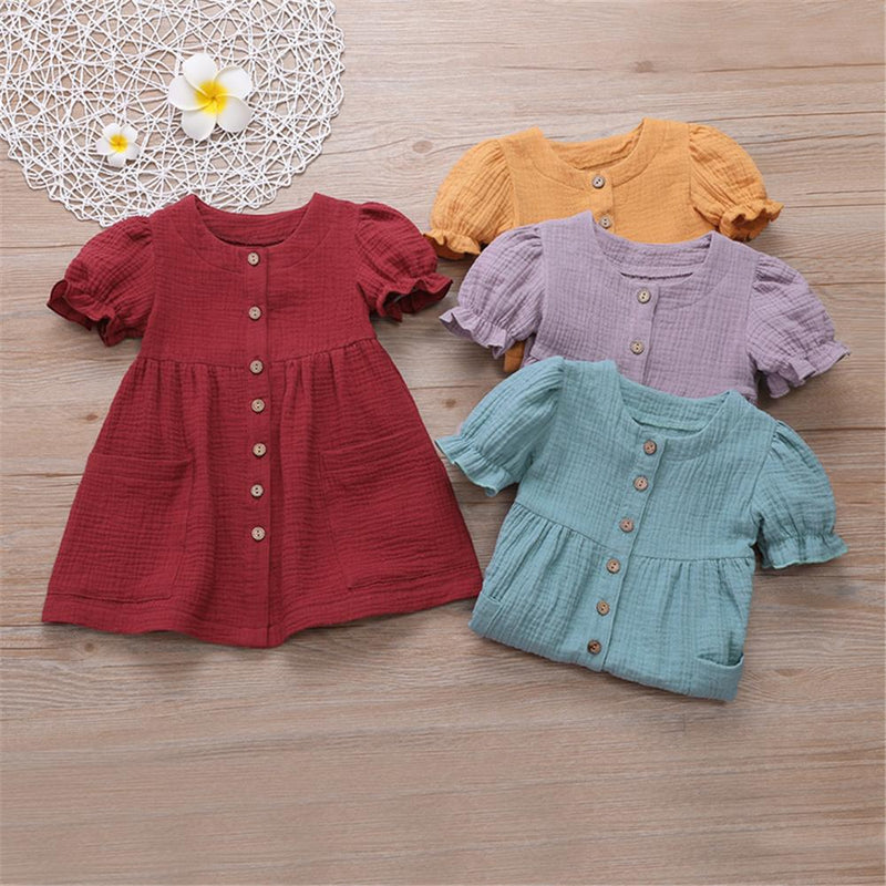 Girls Cotton Linen Solid Short Sleeve Button Pocket Dress Wholesale Clothing For Girls - PrettyKid