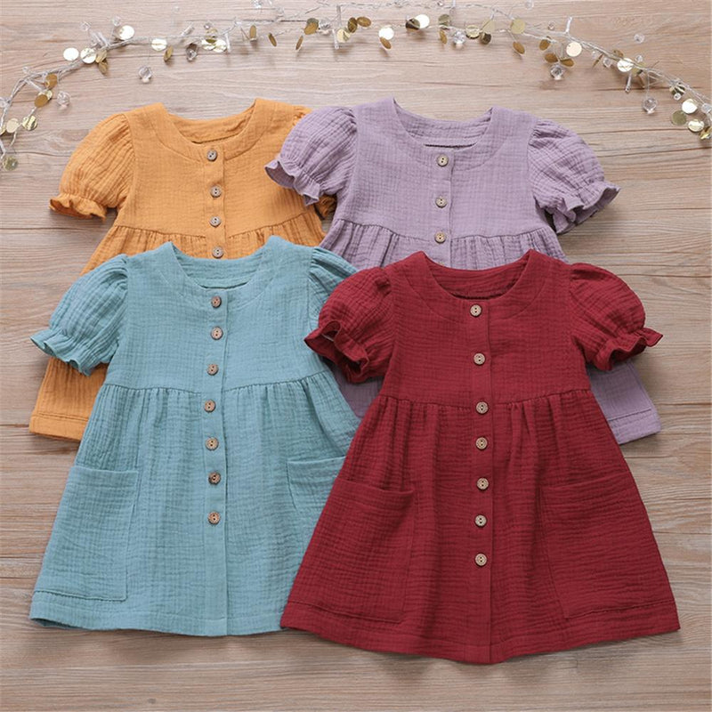 Girls Cotton Linen Solid Short Sleeve Button Pocket Dress Wholesale Clothing For Girls - PrettyKid