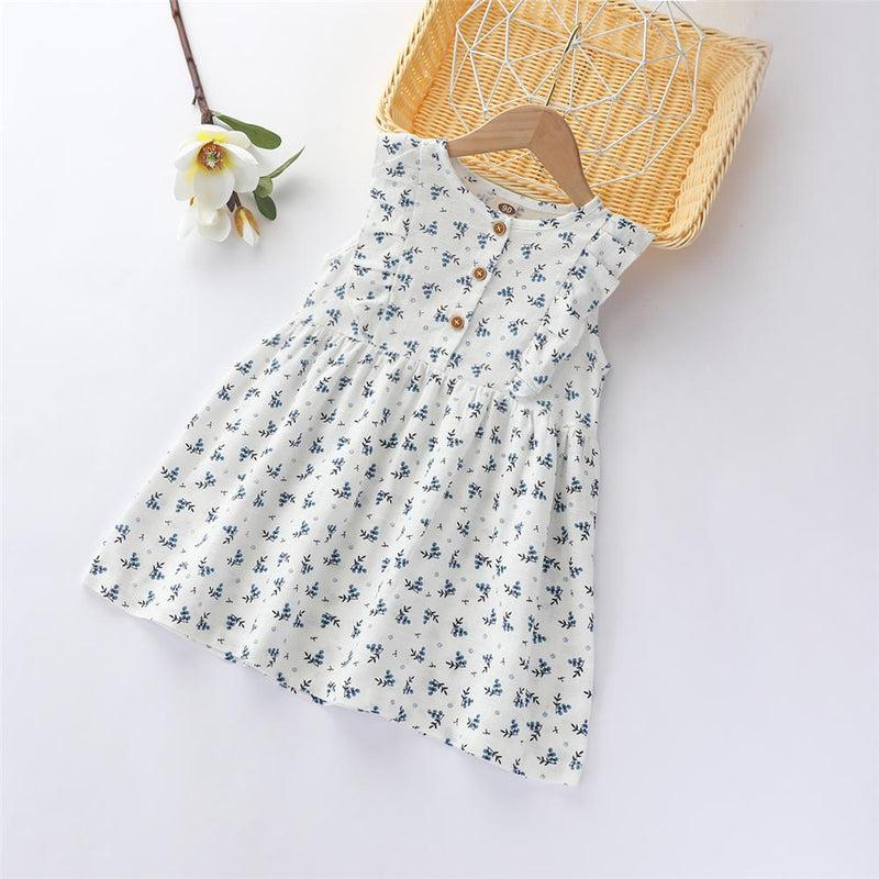 Girls Cotton Sleeveless Floral Printed Ruffled Dress Toddler Girl Wholesale clothes - PrettyKid