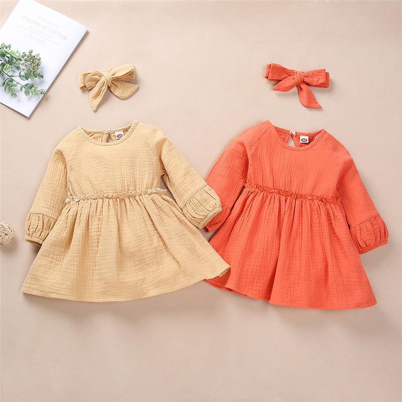 Toddler Girls Cotton Solid Pleated Dress & Headband Cheap Bulk Baby Clothes - PrettyKid