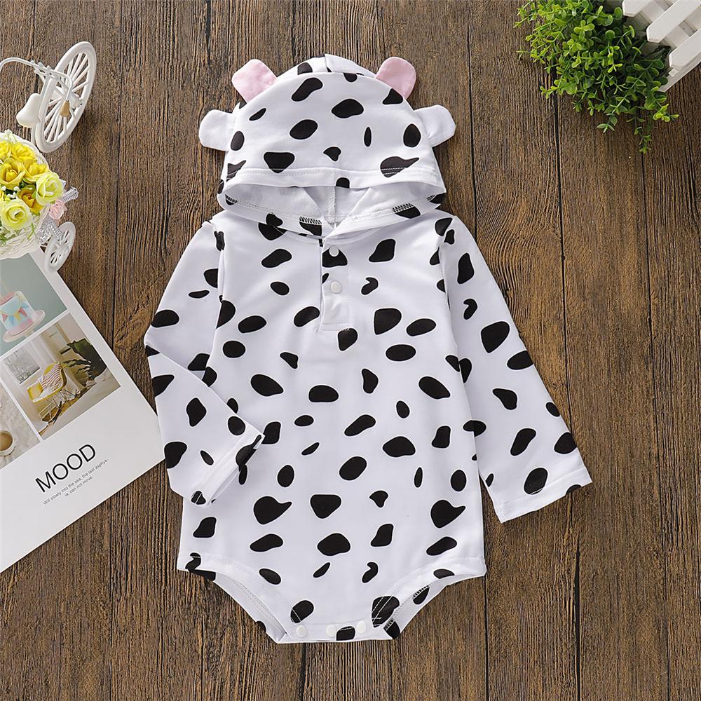 Baby Girls Cow Polka Dot Hooded Long Sleeve Romper Wholesale Clothing Baby - PrettyKid