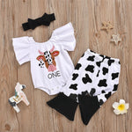 Baby Girls Cows Letter Printed Short Sleeve Romper & Flare Pants & Headband Cheap Boutique Baby clothes - PrettyKid