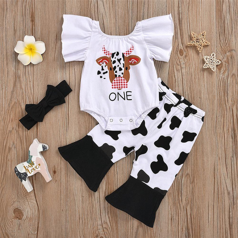 Baby Girls Cows Letter Printed Short Sleeve Romper & Flare Pants & Headband Cheap Boutique Baby clothes - PrettyKid