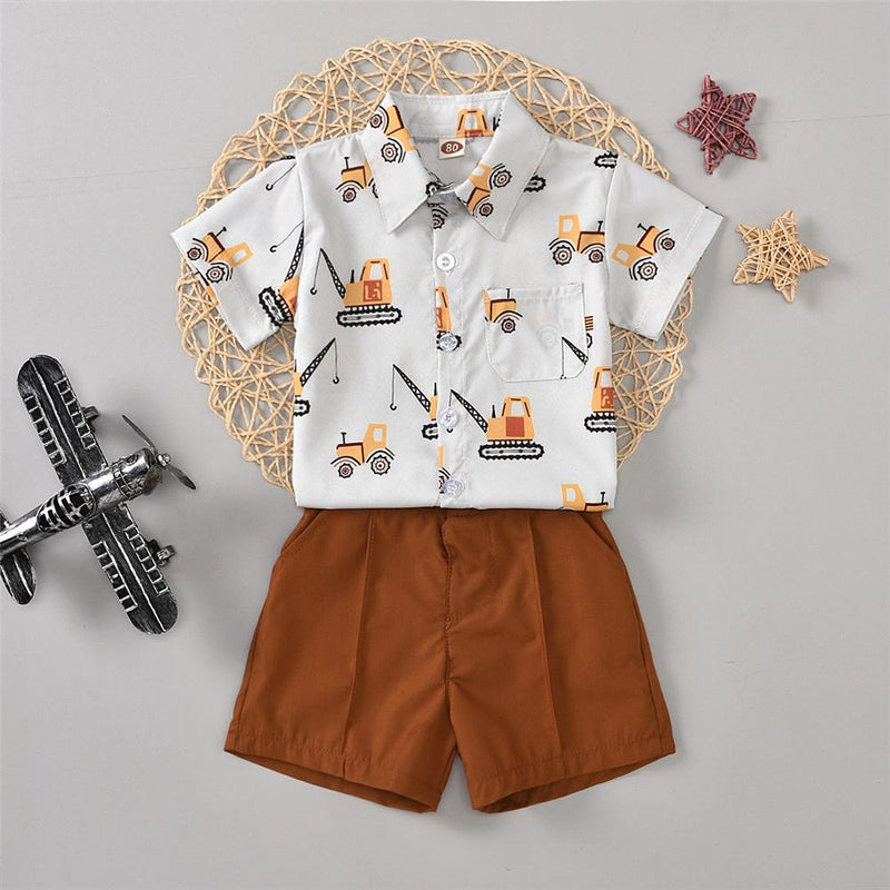 Boys Crane Cartoon Printed Short Sleeve Lapel Shirt & Solid Shorts Boy Clothing Wholesale - PrettyKid