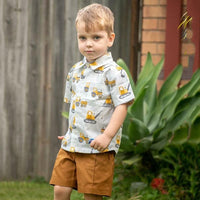 Boys Crane Cartoon Printed Short Sleeve Lapel Shirt & Solid Shorts Boy Clothing Wholesale - PrettyKid