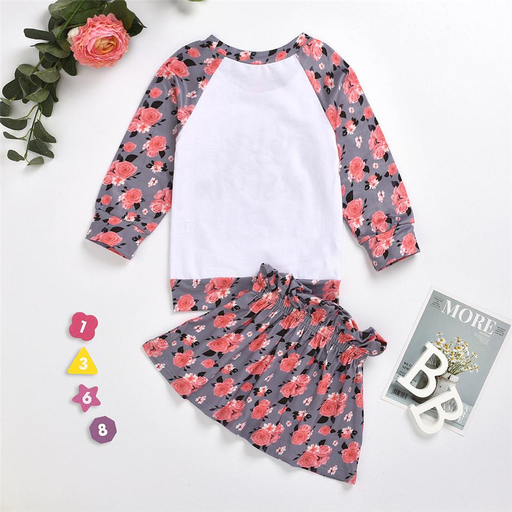 Baby Girls Crew Neck Floral Letter Printed Top & Skirt Wholesale Girls - PrettyKid