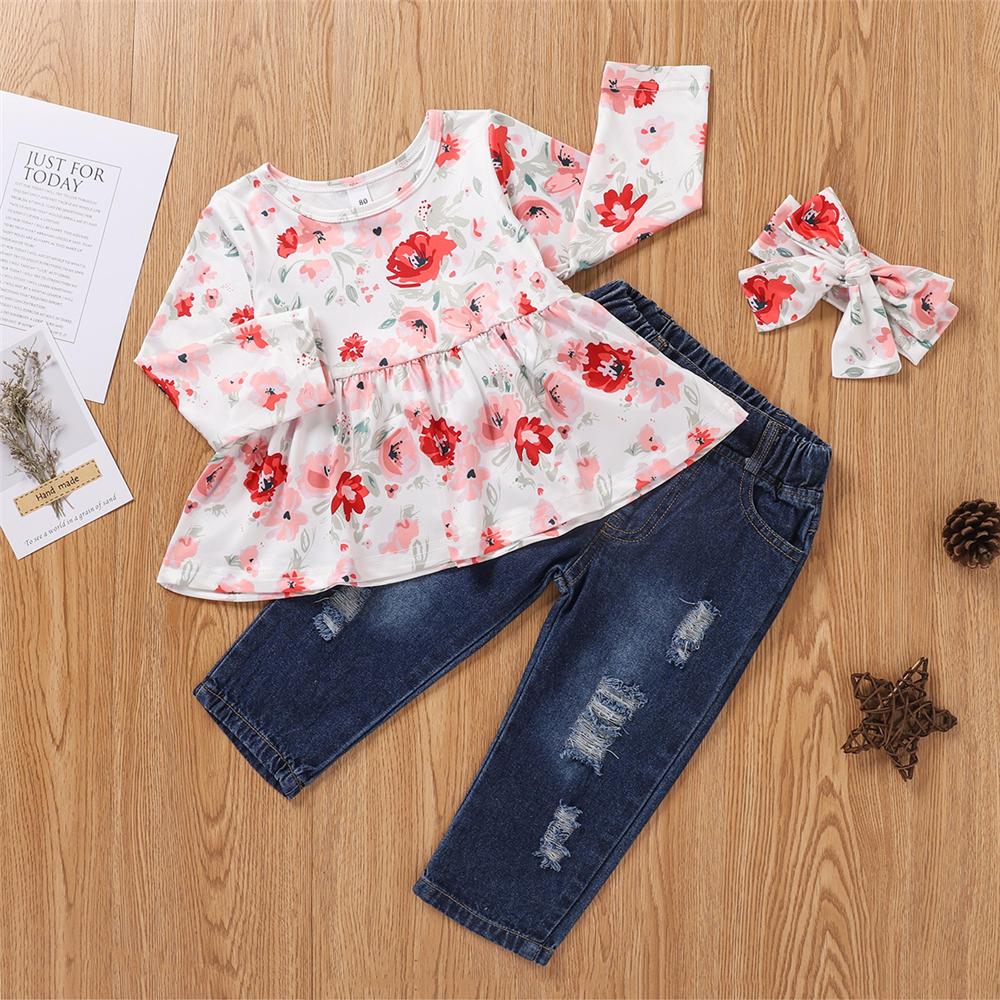 Girls Crew Neck Floral Print Top & Jeans & Headband Toddler Girls Wholesale - PrettyKid