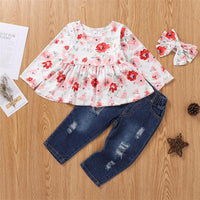 Girls Crew Neck Floral Print Top & Jeans & Headband Toddler Girls Wholesale - PrettyKid
