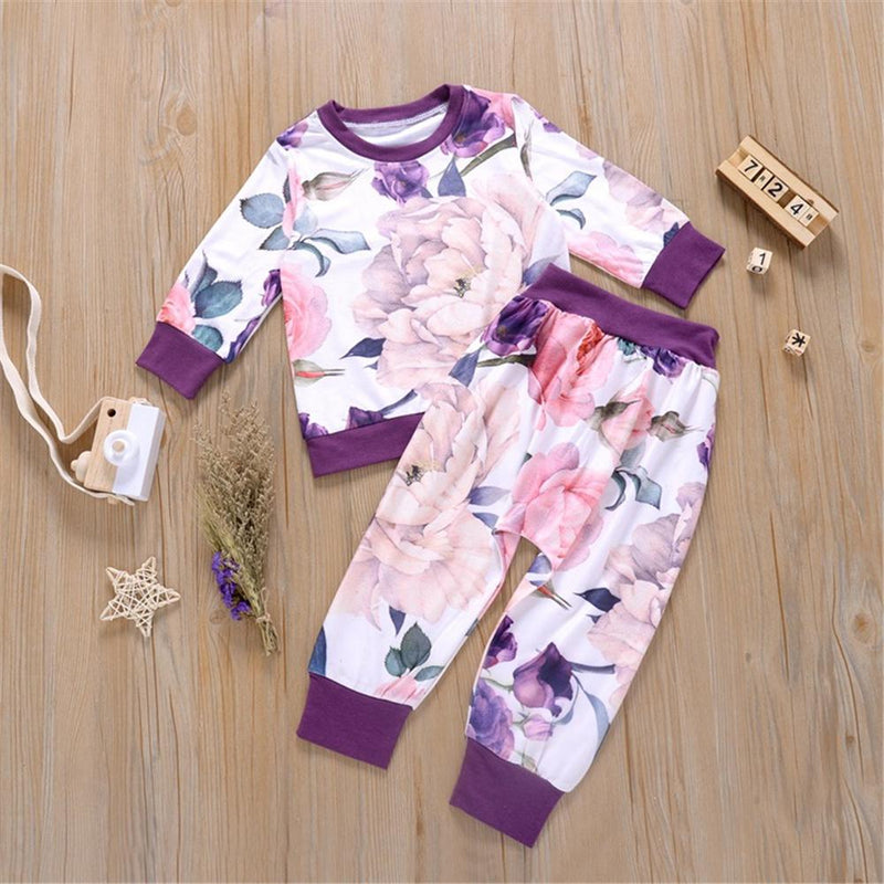 Girls Crew Neck Floral Printed Long Sleeve Top & Pants Wholesale Girls - PrettyKid