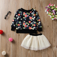 Girls Crew Neck Floral Printed Long Sleeve Top & Tulle Skirt - PrettyKid