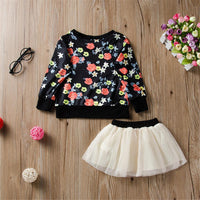 Girls Crew Neck Floral Printed Long Sleeve Top & Tulle Skirt - PrettyKid