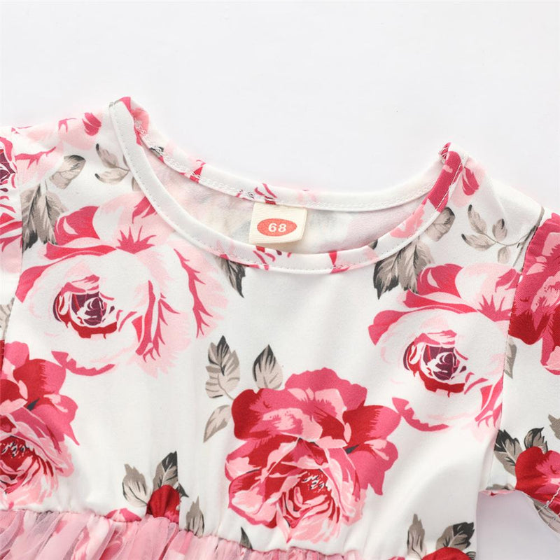 Baby Girls Crew Neck Floral Printed Short Sleeve Mesh Dress Wholesale clothes For Girls - PrettyKid