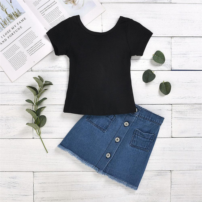 Girls Crew Neck Knitted Short Sleeve Top & Skirt Wholesale Little Girl Boutique clothes - PrettyKid