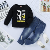 Boys Crew Neck Letter Printed Long Sleeve Top & Ripped Jeans Wholesale Boys Suits - PrettyKid