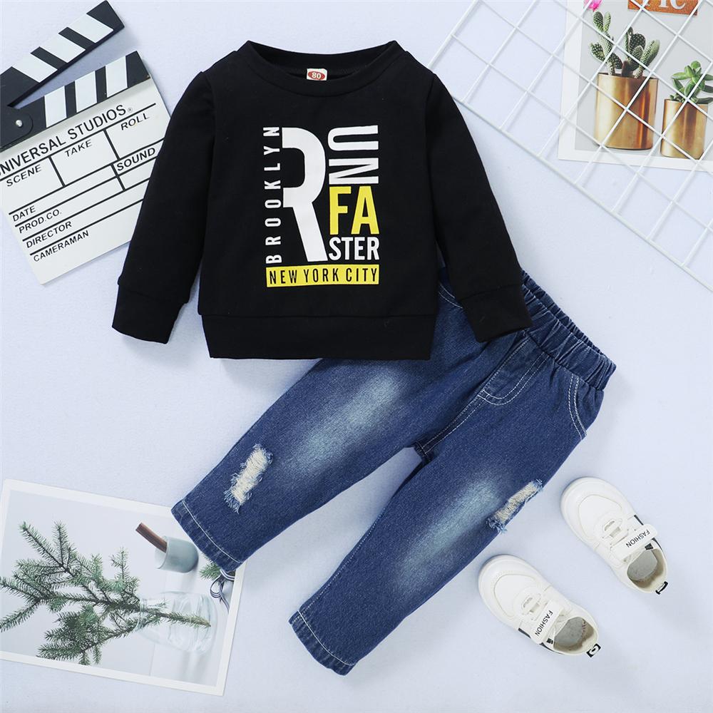 Boys Crew Neck Letter Printed Long Sleeve Top & Ripped Jeans Wholesale Boys Suits - PrettyKid