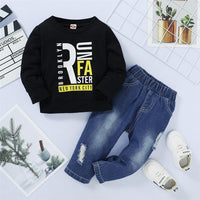 Boys Crew Neck Letter Printed Long Sleeve Top & Ripped Jeans Wholesale Boys Suits - PrettyKid