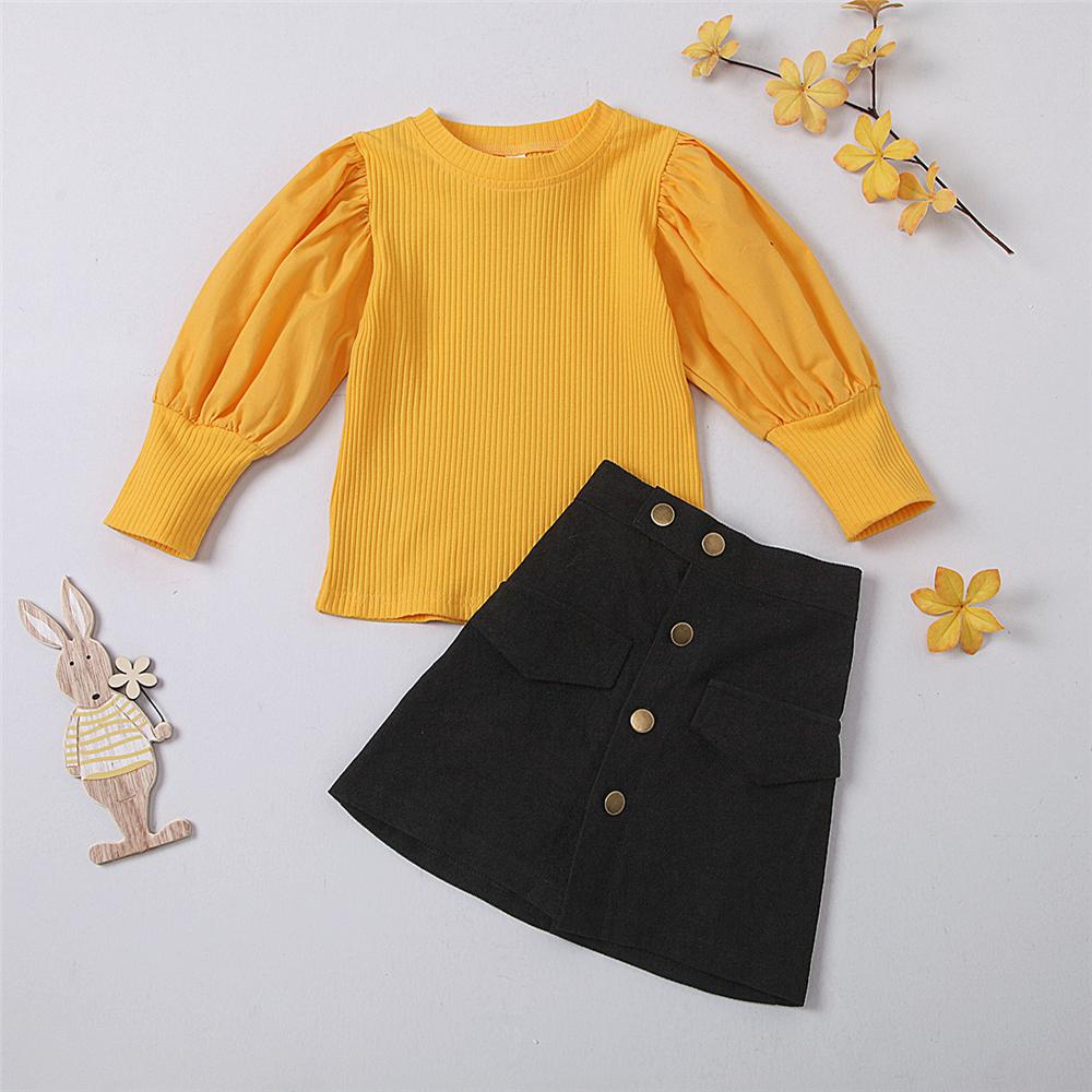 Girls Crew Neck Long-Sleeve Solid Top & Button Skirt Wholesale Little Girls Clothes - PrettyKid