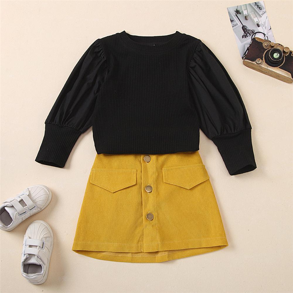 Girls Crew Neck Long-Sleeve Solid Top & Button Skirt Wholesale Little Girls Clothes - PrettyKid