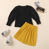 Girls Crew Neck Long-Sleeve Solid Top & Button Skirt Wholesale Little Girls Clothes - PrettyKid