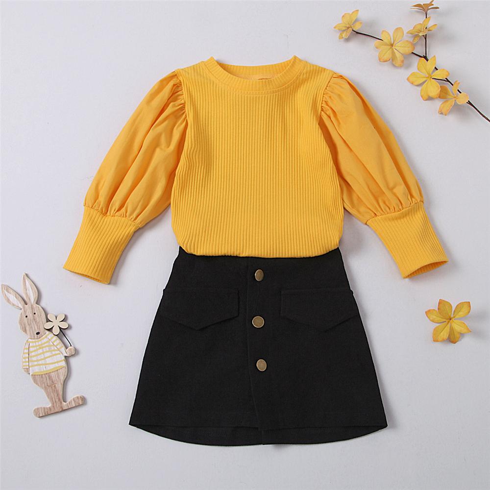 Girls Crew Neck Long-Sleeve Solid Top & Button Skirt Wholesale Little Girls Clothes - PrettyKid