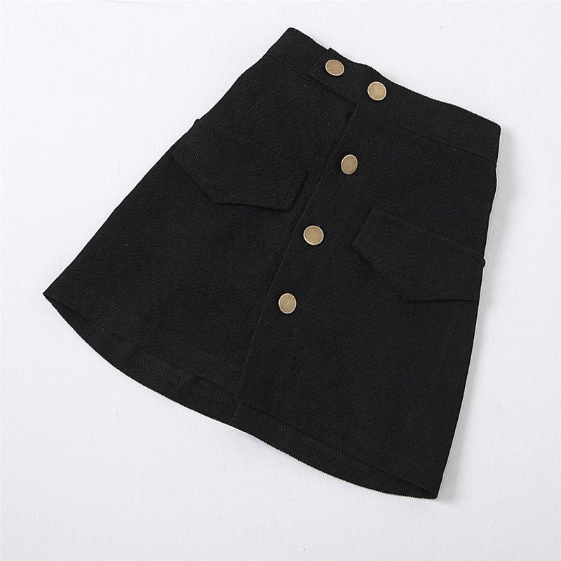 Girls Crew Neck Long-Sleeve Solid Top & Button Skirt Wholesale Little Girls Clothes - PrettyKid