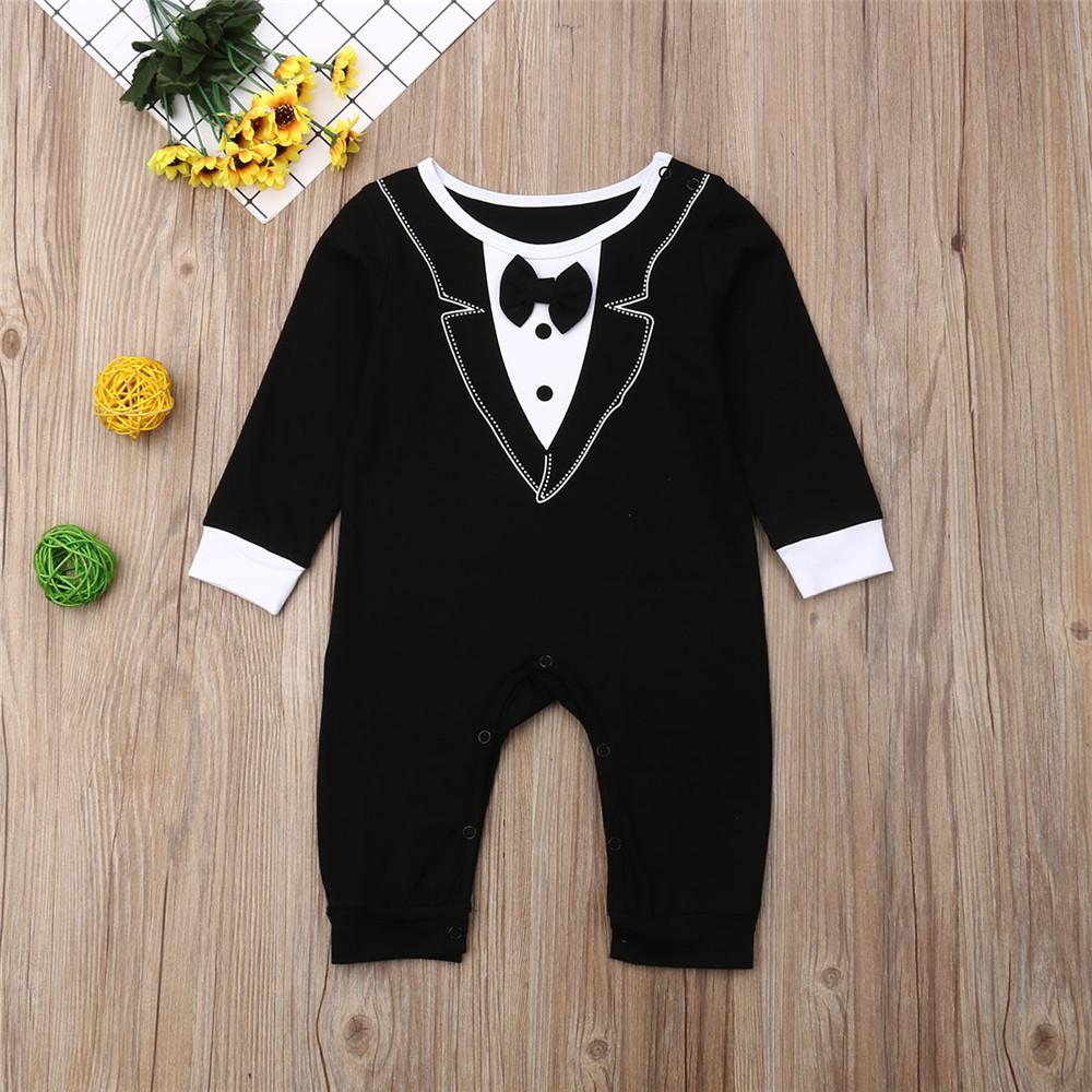 Baby Boys Crew Neck Long Sleeve Tie Rompers - PrettyKid