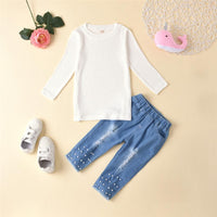 Girls Crew Neck Long Sleeve Top & Ripped Beaded Jeans Girl Wholesale - PrettyKid