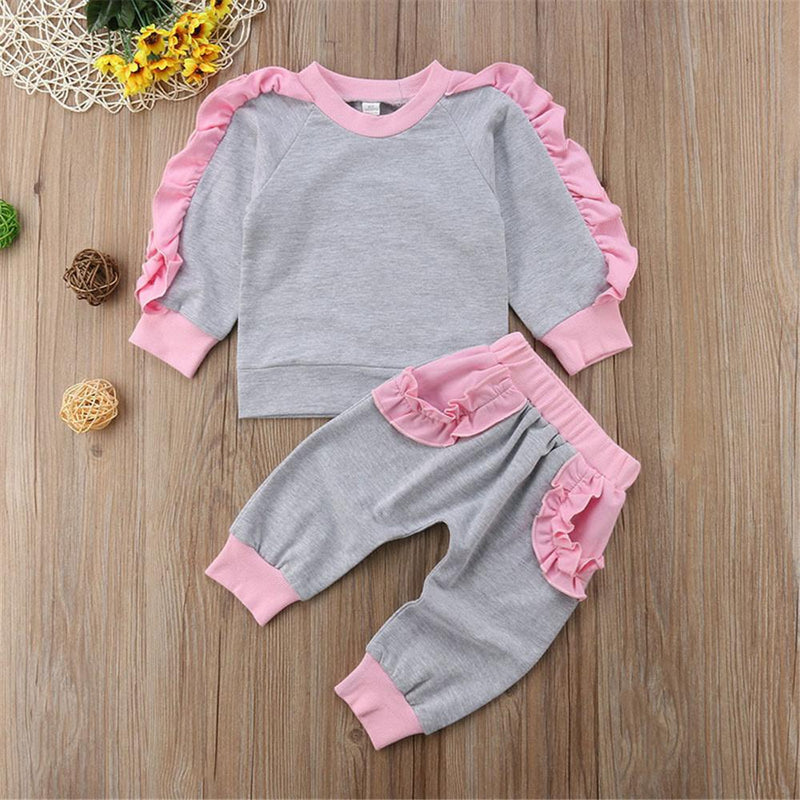 Toddler Girls Crew Neck Ruffle Long Sleeve Top & Pants Wholesale Girls Clothes - PrettyKid