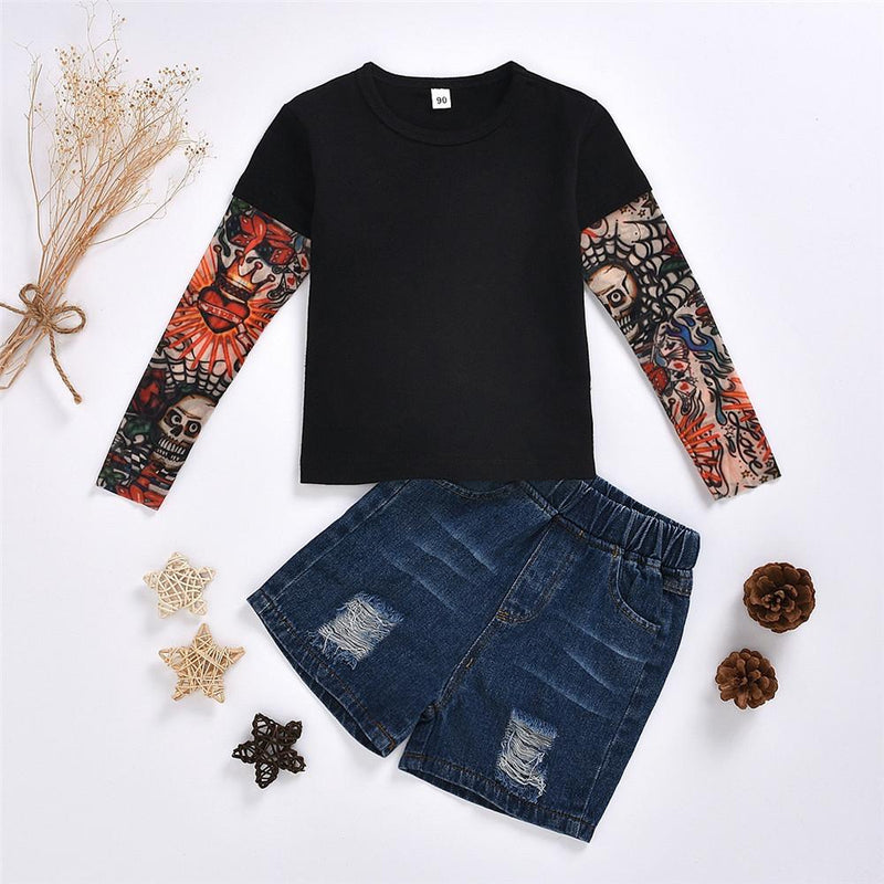 Girls Crew Neck Skull Printed Long Sleeve Tops & Shorts - PrettyKid