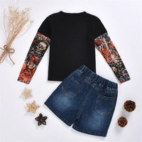 Girls Crew Neck Skull Printed Long Sleeve Tops & Shorts - PrettyKid