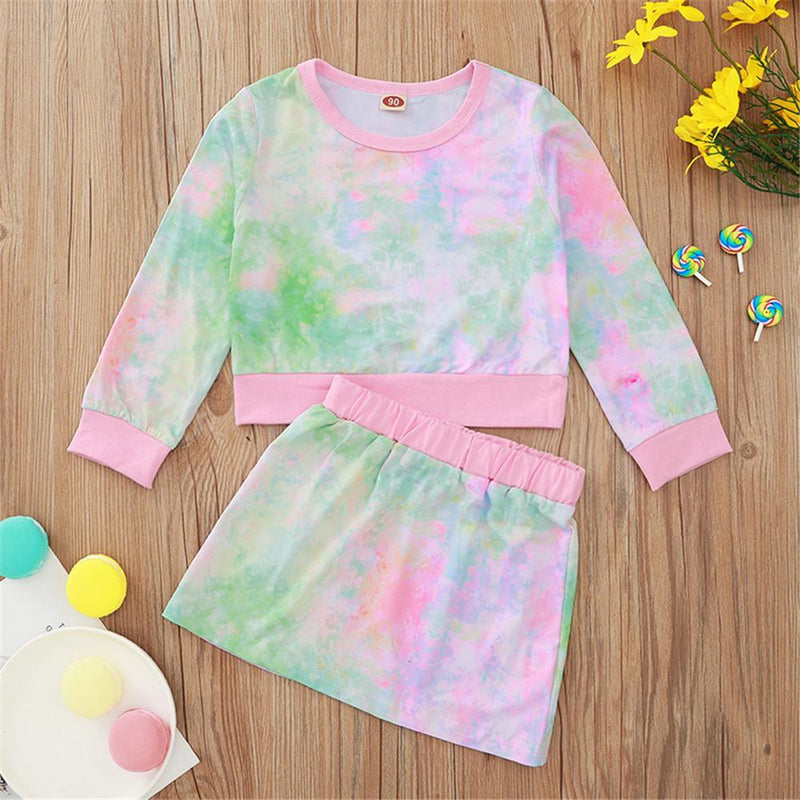 Girls Crew Neck Tie Dye Long Sleeve T-shirt & Skirt Girl T Shirts Wholesale - PrettyKid