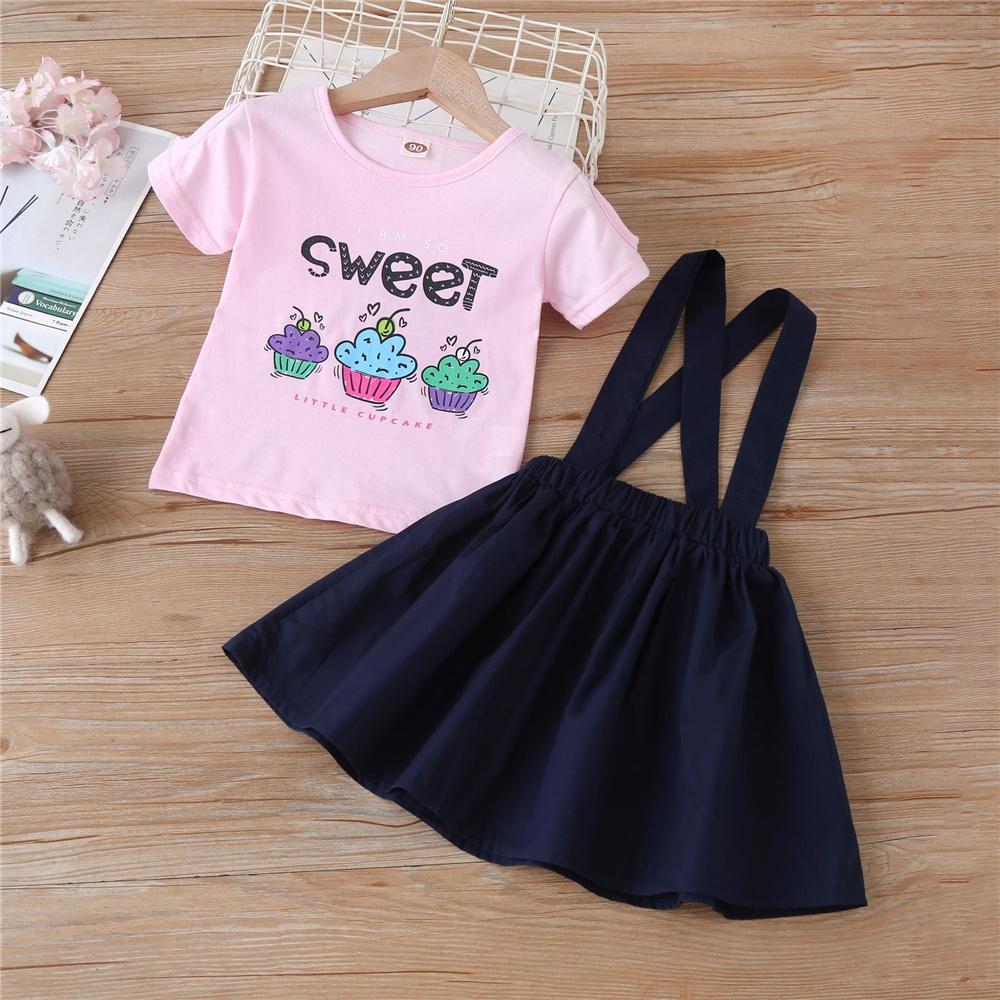 Girls Cupcake I Am So Sweet Printed Short Sleeve Top & Solid Suspender Skirt Girls Clothing Wholesale - PrettyKid