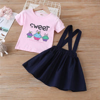 Girls Cupcake I Am So Sweet Printed Short Sleeve Top & Solid Suspender Skirt Girls Clothing Wholesale - PrettyKid