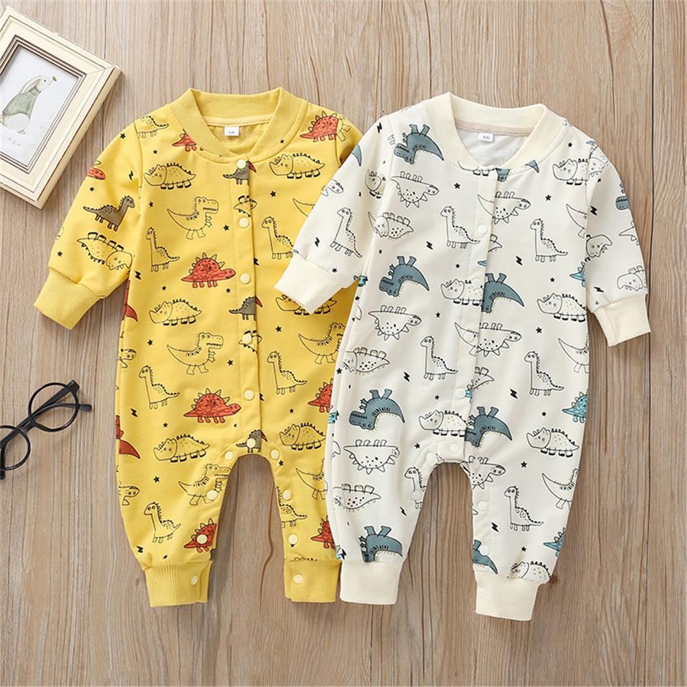 Baby Cute Cartoon Dino Printed Long Sleeve Rompers - PrettyKid