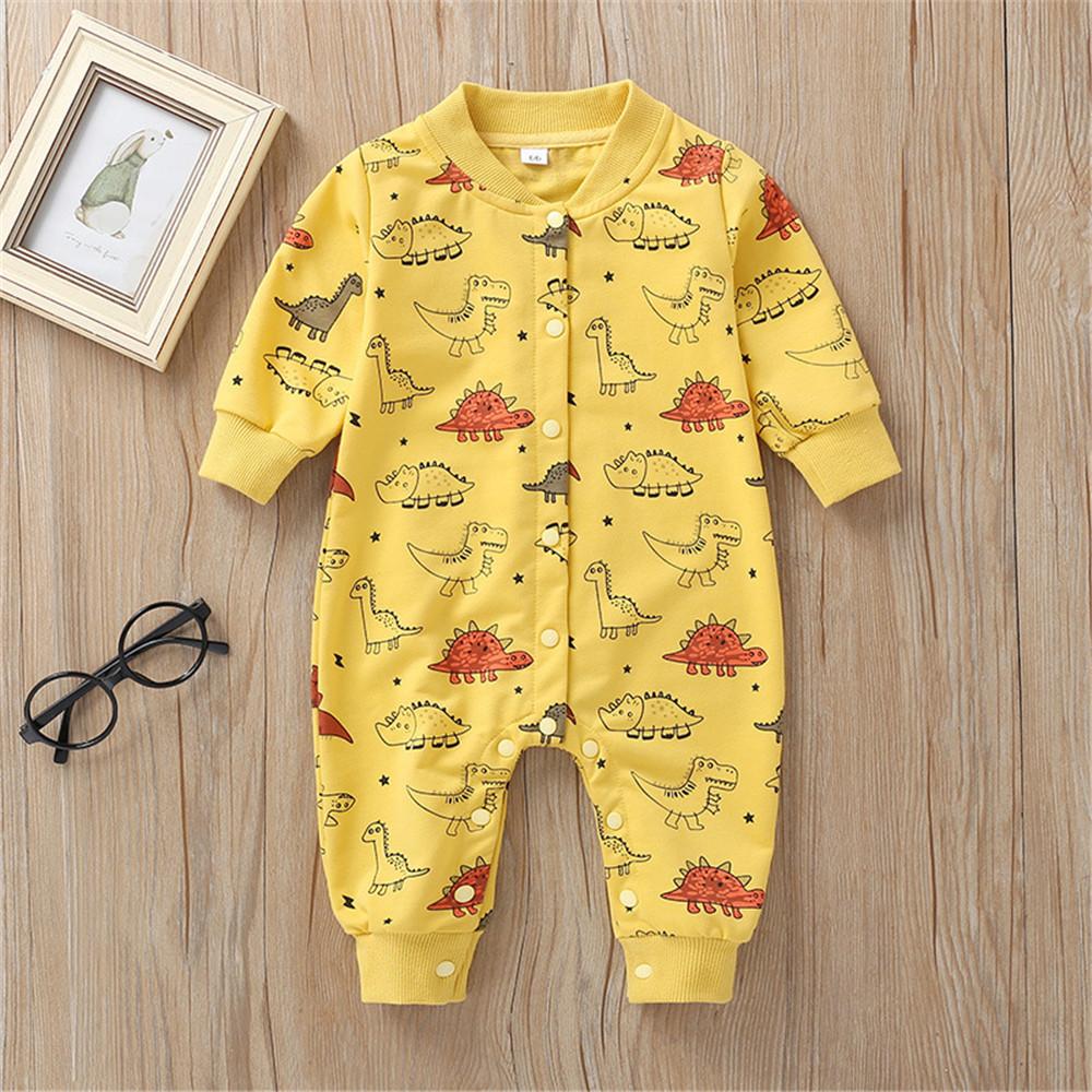 Baby Cute Cartoon Dino Printed Long Sleeve Rompers - PrettyKid