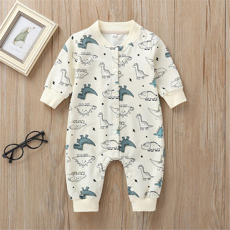 Baby Cute Cartoon Dino Printed Long Sleeve Rompers - PrettyKid