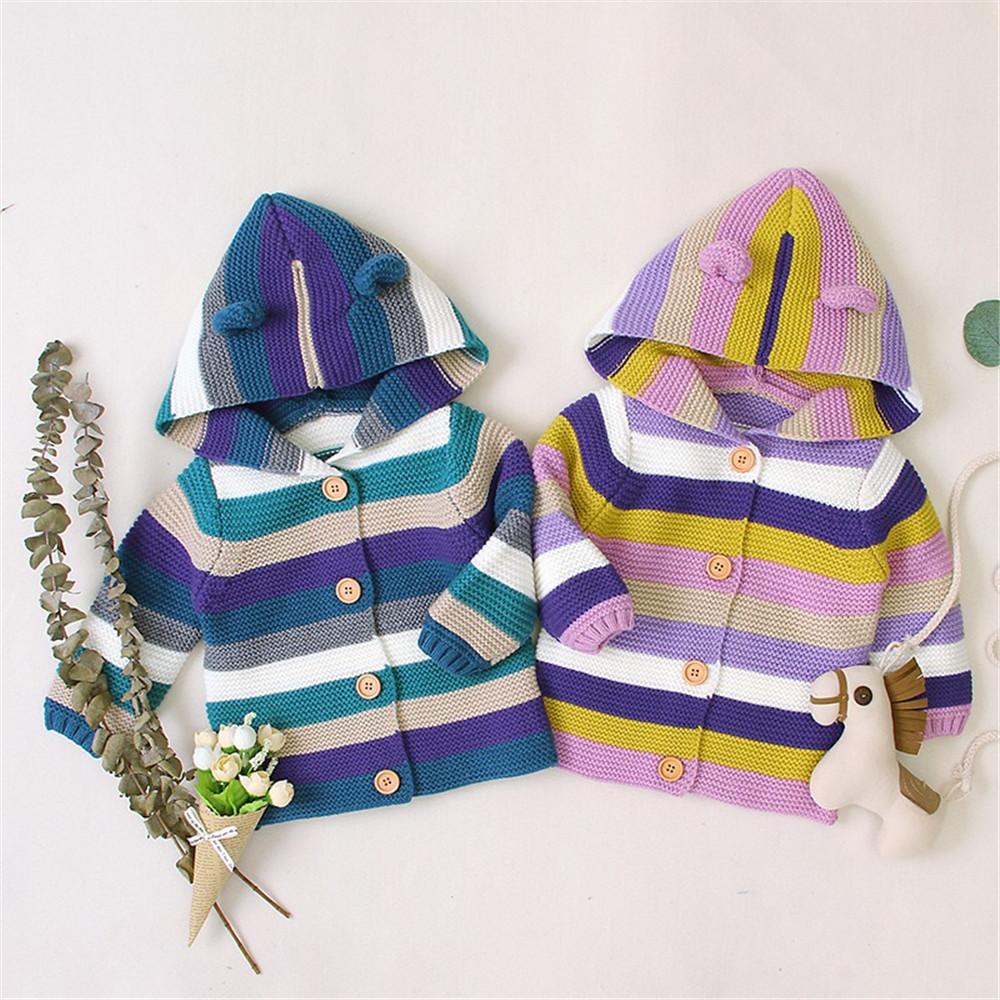 Baby Cute Ear Knitted Striped Hooded Sweaters - PrettyKid