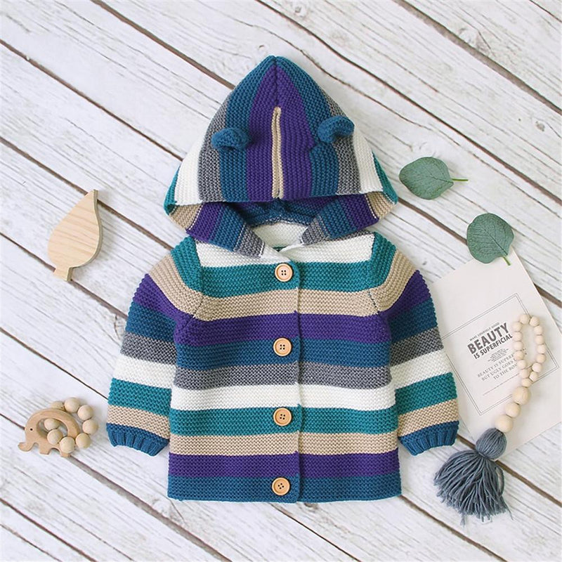 Baby Cute Ear Knitted Striped Hooded Sweaters - PrettyKid