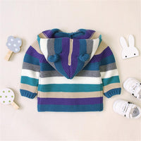 Baby Cute Ear Knitted Striped Hooded Sweaters - PrettyKid