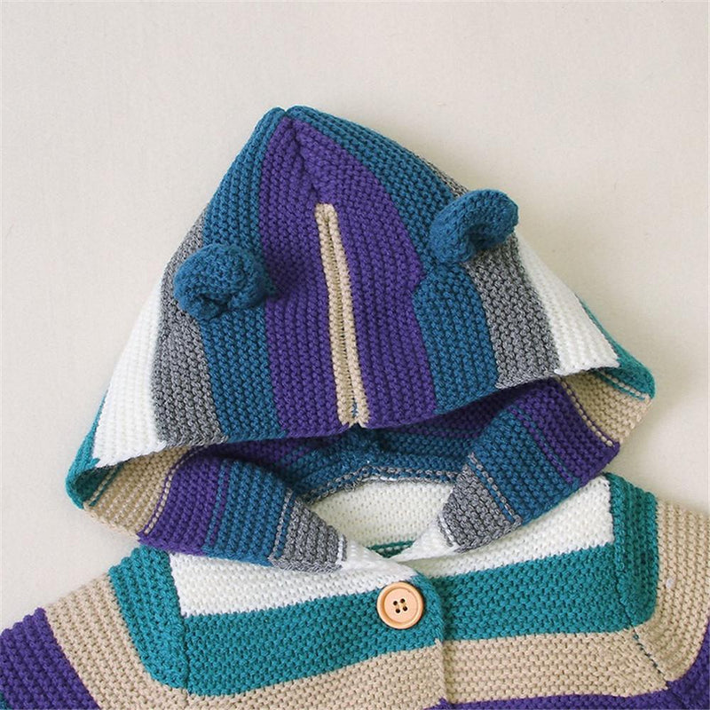 Baby Cute Ear Knitted Striped Hooded Sweaters - PrettyKid