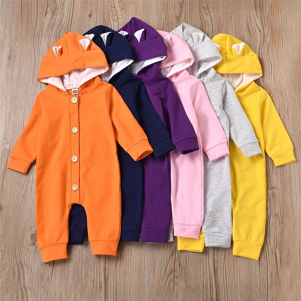 Baby Cute Hooded Long Sleeve Solid Button Romper Babywear Wholesale - PrettyKid