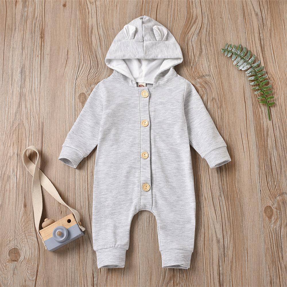 Baby Cute Hooded Long Sleeve Solid Button Romper Babywear Wholesale - PrettyKid