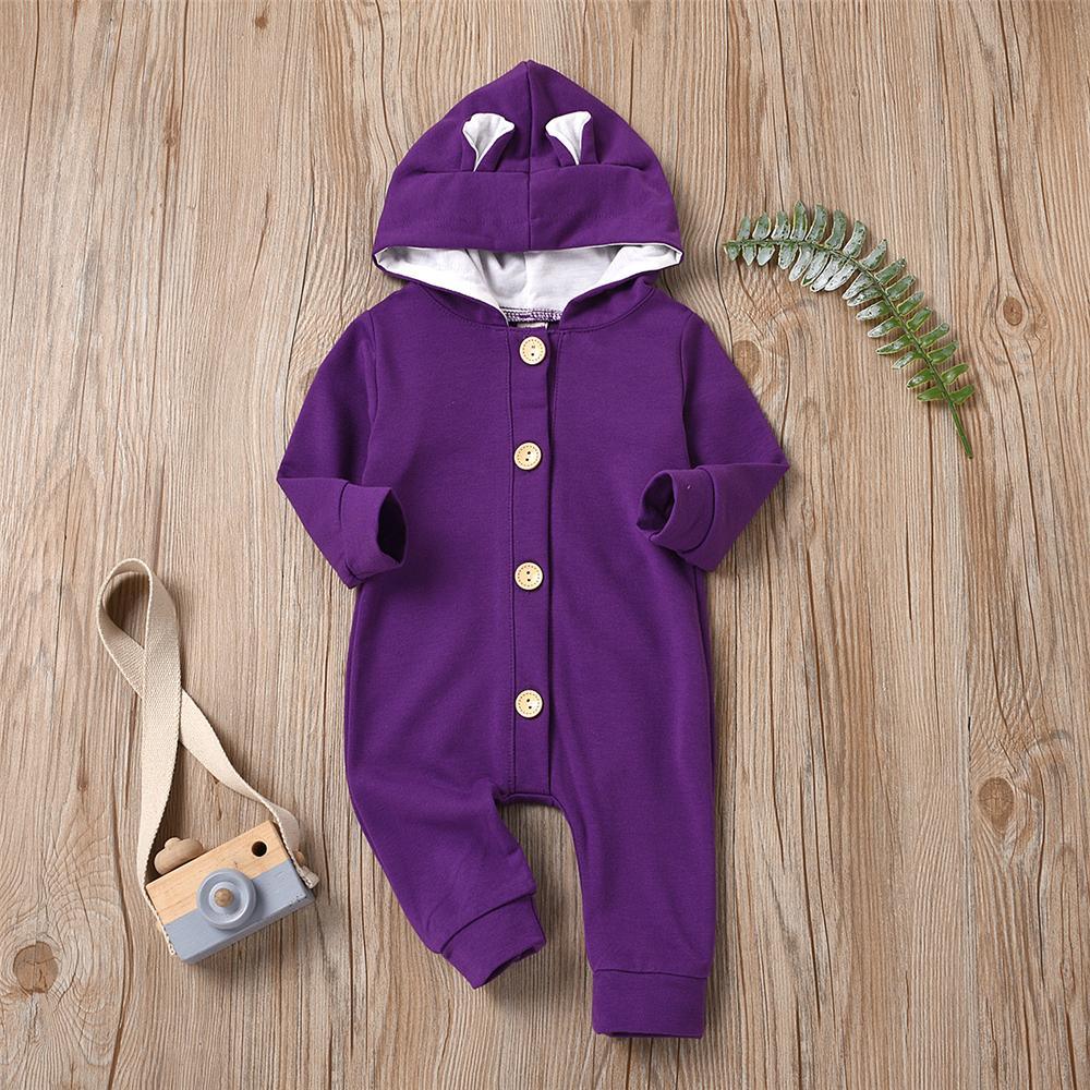 Baby Cute Hooded Long Sleeve Solid Button Romper Babywear Wholesale - PrettyKid