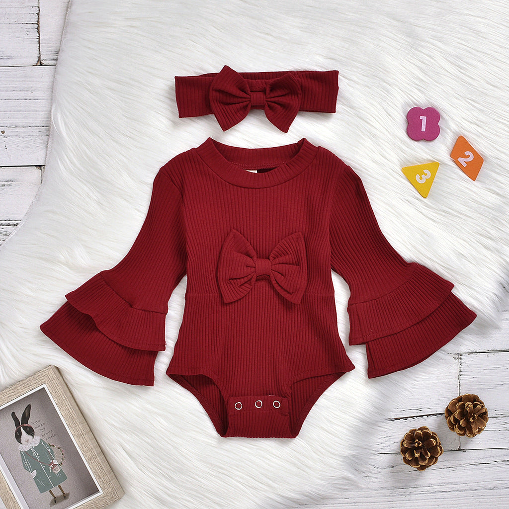 Bow-Knot Flared Sleeve Solid Color Baby One Piece - PrettyKid