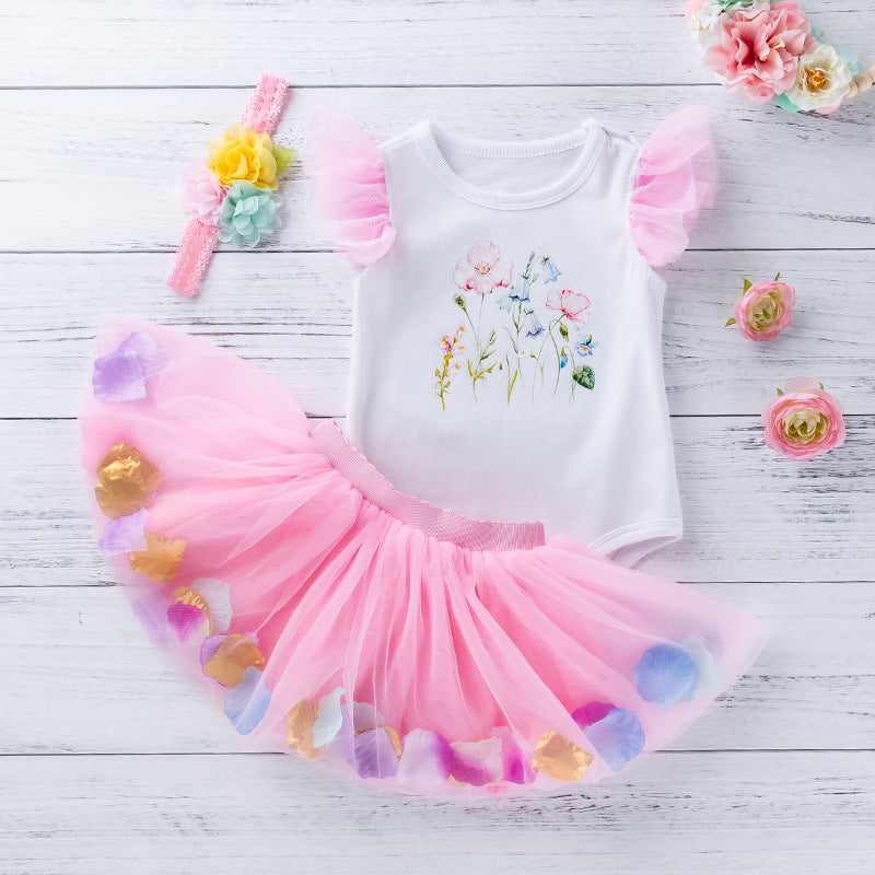 0-24M Baby Girls Sets Unicorn Flower Print Bodysuit & Pom Pom Skirts & Headband Wholesale Baby Clothing - PrettyKid