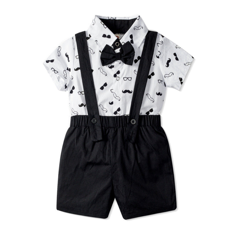 Cartoon Print Jumpsuit With Bow Tie And Bib Two Piece Baby Boy Sets - PrettyKid
