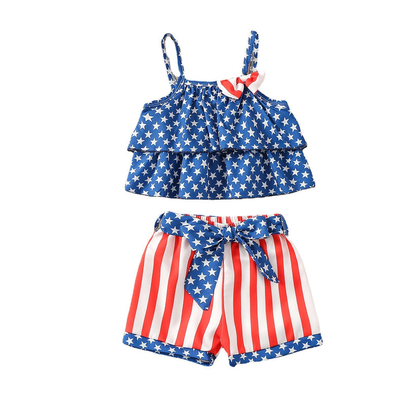 9months-4years Baby Toddler Girl Sets Summer Independence Day Star Striped Shorts Suit Wholesale - PrettyKid