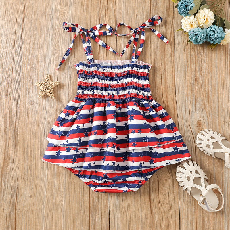 0-12M Newborn Jumpsuit Girl Independence Day Tie Harness Pleats Wholesale Baby Clothes - PrettyKid